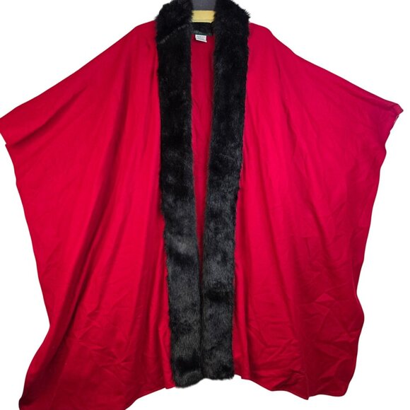 Harve Benard Red Wool Blend Christmas Holiday Cape Black Faux Fur Trim OS - Picture 2 of 7